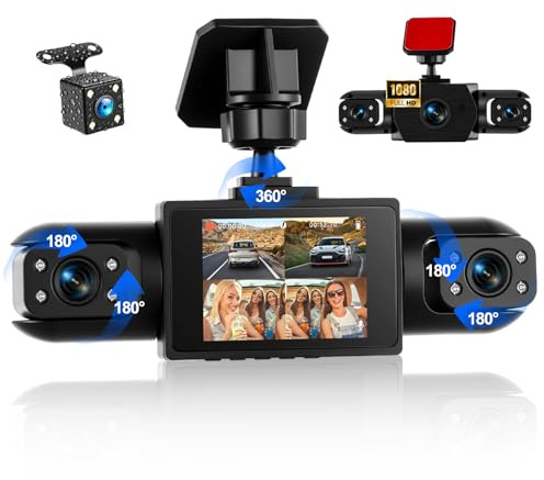 Dash Cam Front and Rear, 1080P Dash Camera for Cars, 4 Channel Car Camera Front Rear and Inside with Loop Recording, Night Vision, HDR, 24Hr Parking, G-Sensor, Night Vision