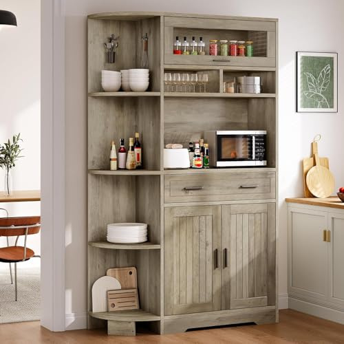 YITAHOME Kitchen Pantry Storage Cabinet, 67 Tall Kitchen Hutch with Outlet & Door & Shelves & Drawer, Farmhouse Wooden Microwave Stand Buffet Coffee Bar for Home Living Dining Room, Antique Gray