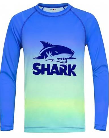 weVSwe Jungen Schwimm Langarm Shirt Kinder UV Tshirt Badeshirt RashWeste Surfen Shirt Schnelltrocknend Strand Top Blaugrüner Hai 8 Jahre