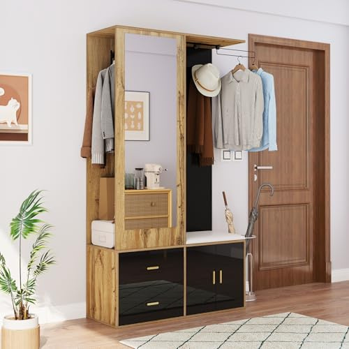 muenfly Ensemble garde-robe de couloir aspect bois noir 100 x 38 x 180 cm | Miroir, armoire à chaussures et banc de changement de chaussures, garde-robe compacte avec cintres extensibles