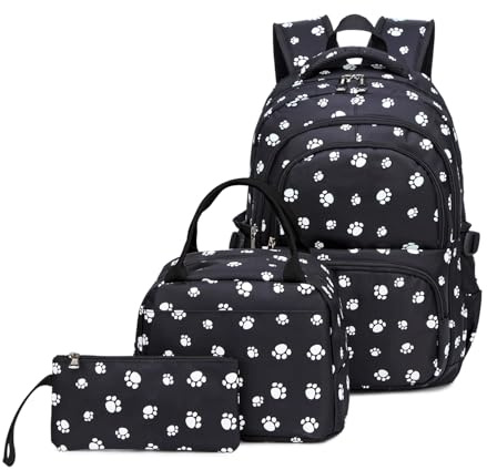 goldwheat 3Pcs Dog Paw Printed Backpack Set With Lunch-Bag For Girls Elementary Students Bookbag School-bag
