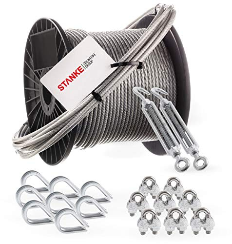Seilwerk STANKE Câble d’acier inox gainé (PVC), 30m acier V4A, 3,5mm 7x7, 2x Tendeur M8 Œil-Crochet, 8x Cosse-Cœur V4A, 8x Serre-Câble à étrier V4A, Suspension Kit - SET 5