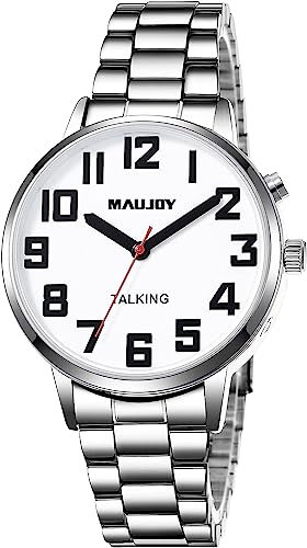 MAUJOY Men's English Talking Watch（Silver Stainless Steel Watch Band） Voice-Activated Quartz Watch, Ideal for Blind & Visually Impaired Elderly