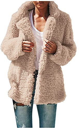Teddypäls jacka dam – plyschrock dam teddy-fleece pälskappa långärmad varm vinterjacka höst vinter övergångsjacka fleecejacka fluffig fleecejacka teddyjacka vinterrock – plyschjacka, Beige, S