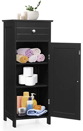 COSTWAY Bathroom Storage Cabinet, Single Door Floor Cabinet with Drawer and 3-Level Adjustable Shelves, Modern Side Storage Organizer with Anti-Tipping Device for Living Room, Bedroom (Black)