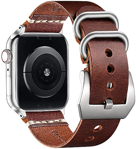 Bandsie Lederarmband kompatibel mit Apple Watch Armband 44mm 45mm 42mm 49mm für Männer/Frauen, Klassisch Echtes Leder Ersatzarmband für iWatch SE/Ultra/Ultra 2/Series 9 8 7 6 5 4 3 2 1, Braun