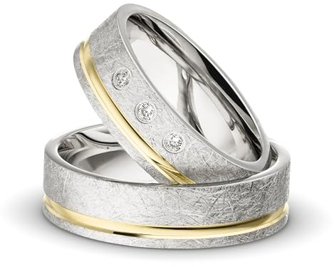 Kolibri Rings Eheringe Set 925 Silber, Gelb Vergoldet, Eismatt mit 3 Zirkonia in Kanalfassung | Partnerringe, Trauringe Paarpreis | Made in Germany mitgratis Gravur & Etui