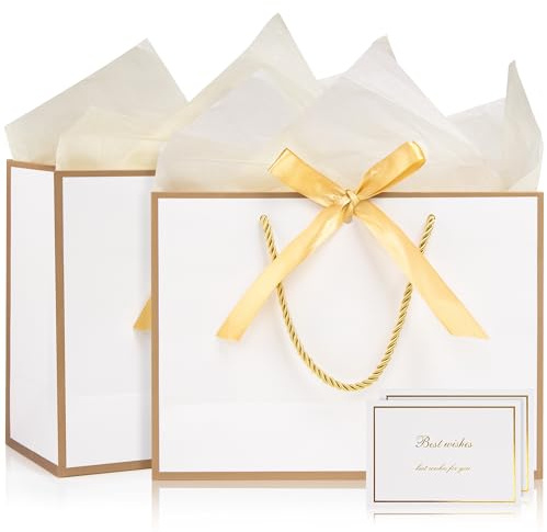 Medium Gift Bags, 2pcs Paper Gift Bags with Handles, Present Bags with 4 Wrappers and 2 Cards, Birthday Bags for Presents, Paper Bags for Bridesmaid Wedding Celebrations (White-Gold) 20 x 10 x 28 cm