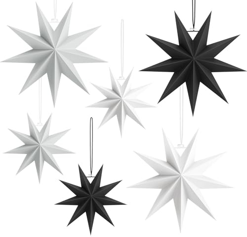 Yomisee pappersstjärnor jul 6 stycken, 3 x 30 cm + 3 x 45 cm vikbar stjärna, jul, 9 taggiga pappersstjärna för upphängning julstjärna, dekoration för fönster, julgran (svart och vit och grå)