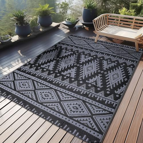 Homaxy Waterproof Outdoor Rug, Anti-slip Reversible UV Resistant Garden Rugs, Easy Cleaning Carpet Patio Area Rugs for Camping, Deck, Beach, Picnic, Backyard (120 x 180 cm, Black & Grey)