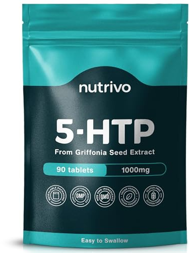 Nutrivo 5HTP Tablets - 90 Tablets Per Pack | 5HTP High Strength Supplement | One A Day - 3 Months Supply | from Griffonia Seed Extract | Vegan & UK Made