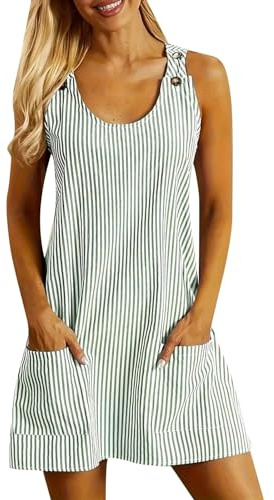 Robe Ete Femme à Rayures- Robe De Plage sans Manches avec Boutons Bretelles Col en U Mini Décontracté Classiques Simple Comfortable Chic Et Élégants De Tous Les Jours Passe-Partout Dress