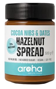 Aroha Hazelnut Spread with Cocoa Nibs & Dates, 73% Hazelnuts, No Palm Oil, No Added Sugar, Vegan, Soy-Free, Gluten-Free, Smooth & Healthy – Perfect for Breakfast, Snacks & Baking – 320g