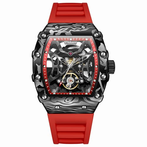 DAXIAOYU innovativ svart ihåligt skelett för män automatisk mekanisk klocka kolfiber legering fodral Tourbillon armbandsur lysande silikonrem vattentät affärsklockor, Röd, Lyx