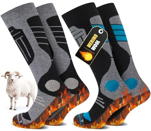 SukModen 2 Paar Skisocken aus Merinowolle für Damen Herren, Wärmende Wolle Thermosocken Dicke Wintersocken für Kaltes Wetter, Schnee, Skifahren, Snowboarden, Jagen, Wandern