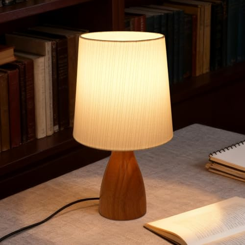 Aukimo Wood Bedside Table Lamp, White Linen Lampshade with Golden Striped, On-Off Switch, 12.5 Inch Nightstand Lamp for Reading, Bedroom, Living Room, Children's Room, Office, Bulb Included