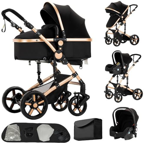 Carrito bebe 3 en 1,set de cochecito,Coche bebe,doble suspensión,mecanismo de plegado con un solo clic para recién nacidos y niños pequeños(negro-dorado)