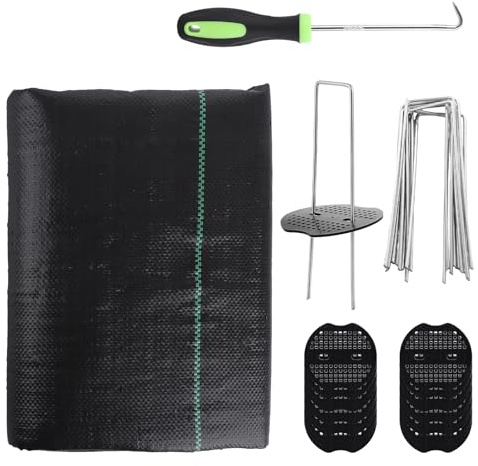 LOLYSIC Membrana de malezas resistente de 2 m x 10 m, membrana de control de malezas de 100 g/m² con 10 clavijas, 10 arandelas y 1 extractor de clavijas, membrana supresora de malas hierbas de jardín