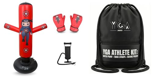 PUNCHO Kids Punching Bag + Drawstring Bag Bundle - 63 Inflatable Boxing Bag with Gloves, Pump & eBook + Heavy-Duty 420D Waterproof Gym Sack Fits Ball or Gear for Active Boys & Girls