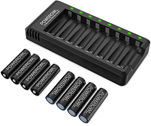 POWEROWL Rechargeable AA Batteries with Charger, 8 Pack of 2800mAh High Capacity Low Self Discharge Ni-MH Double A Batteries with Smart 8 Bay Battery Charger (USB Fast Charging, Independent Slot)