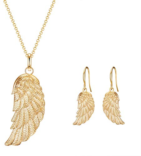 Rafaela Donata Damen Schmuck-Set (Kette + Ohrhänger) aus Messing vergoldet Engelsflügel Anhänger - Modeschmuckkette Modeschmuckohrhänger Motivschmuck