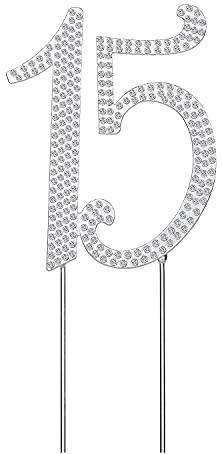 Decoración de la torta de plata número 15,diamantes de imitación con purpurina magdalena soporte, palillos de dientes figuras de azúcar para la boda del 15 aniversario de la fiesta de cumpleaños