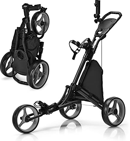 GOPLUS Golf Trolley, golftrulle, 3 hjul med justerbart handtag, fotbroms, golfvagn vikbar med paraply- och mugghållare och vattentät väska, golfcaddy golf push vagn (grå)