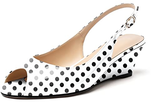 Elashe Women Slingback Wedge Heels Classic Mid Heel Pumps Polka-Dot EU41