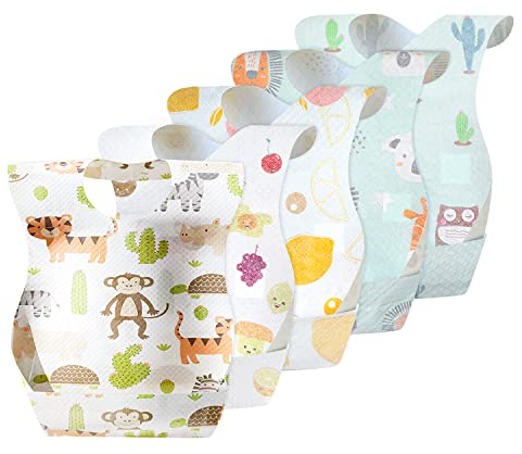Yoassi 50er Set Einweg Lätzchen für Baby Lätzchen, Einweg Reiselätzchen, Kleidungsschutz für Jungen und Mädchen in 5 Mustern