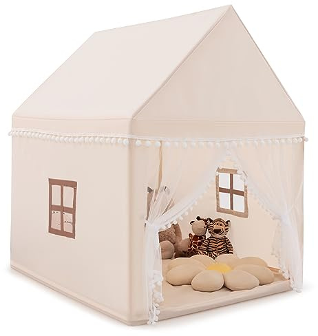 COSTWAY Lekstuga/barntält/lekhus för prinsessor, tygtält med massiv träram och bomullsfilt, barnlekslott för pojkar, saga, 120 x 105 x 140 cm (beige + brun)