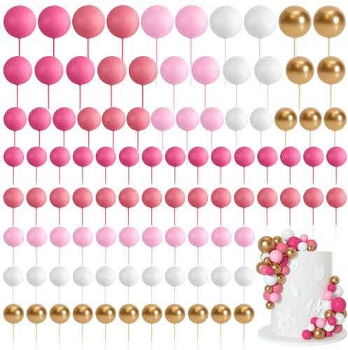 Bouiexye 75 Bolas de Espuma para Decoración de Tartas, Magdalenas, Pasteles y Fiesta (Oro Rosa y Blanco)