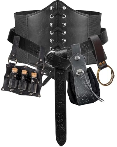 5PCS Renaissance Costume Sets Corset Waistband Belt Pouch Coin Purse Potion Bottle Vials Skirt Hike Medieval Cosplay (1-Black, XL/Waist 39-46)