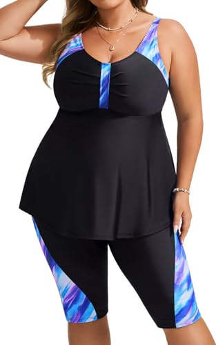 Hanna Nikole Plus Size 2025 Tankini Set Ruched Front Bathing Suit Tops Swimdress with Long Pants Black＆Purple Fantasy 3X