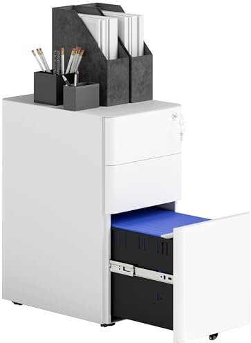 Vinsetto Rollcontainer, mobiler Aktenschrank mit 3 Schubladen, abschließbarer Büroschrank Schmal mit vormontiertem Korpus außer Rädern für A4, Legal, Letter, Stahl, 30 x 45 x 59 cm Weiß