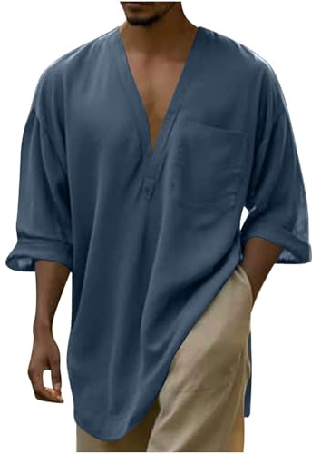 Dyhxuan T-shirt surdimensionné pour homme - Manches mi-longues - Couleur unie - En coton - Col en V - Décontracté - Décontracté - Léger - Pour l'été, la plage, les vacances, Marine, XXL