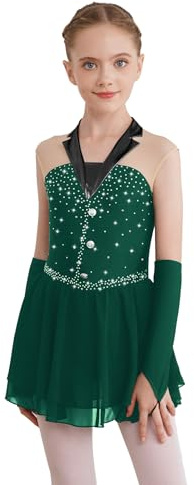 Xnihocha Robe De Danse Pailletée pour Fille Manches Longues Robe De Patinage Artistique Tenue Ballet avec Gants Costume Danse pour Enfants Vêtements Vert foncé 11-12 Ans