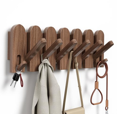 Sueuapp Walnut Wood Coat Rack Wall Mount,16.5 Wall Mounted Coat Rack with 8 Retractable Hangers,Heavy Duty Coat Hooks for Hanging Coats,Hats,Towels,Bags,Key Holder for Entryway