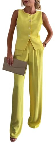 shownicer Tailleur da Donna Eleganti 2 Pezzi Completo Blazer Giacca Senza Maniche + Pantaloni a Gamba Larga Tuta Elegante Cerimonia Coordinato Set A Giallo M