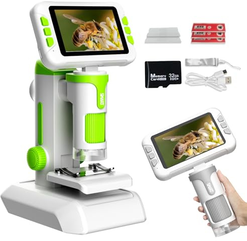 PYRODUM Microscopio Bambini Ingrandimento 1600X, 4,0 IPS Microscopi Portatili, Microscopi Digitali con Foto e Video, 32GB, Vetrini, 6 LED Regolabili, Kit didattici per microscopi per Iniziare(Verde)
