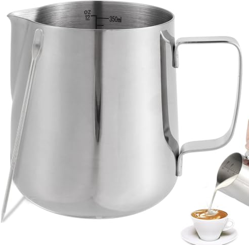 Silver Milk Frothing Pitcher, 350ml/12oz Stainless Steel Milk Jug with Measurement Mark and Decorating Pen for Making Latte Art and Cappuccino Suitable for Coffee Lovers