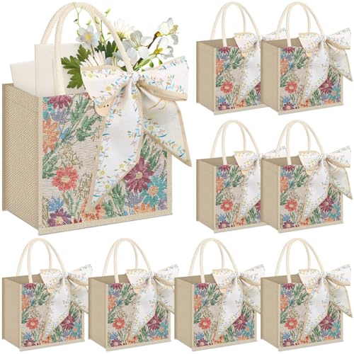 Abbylike 8 Pcs Floral Gift Bag Wildflowers Burlap Tote Bag, Beige