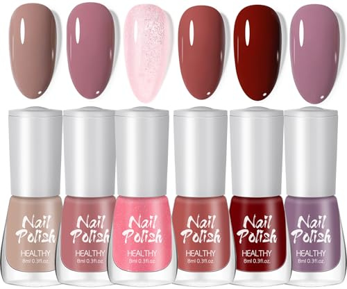 Nail Polish Sets - 6Pcs Nude Pink Burgundy Glitter Nail Polish Kit - Breathable Long Lasting & Quick Dry Nail Polish - No Need UV Light DIY at Home for Women Girls
