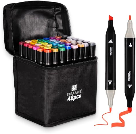 Straame Alcohol Markers – 48 Dual-Tip Pens, Fine (1mm) & Chisel (6mm) Nibs, Double-Ended Art Pens for Drawing, Sketching, Manga & Anime, With Durable Carry Case (Paint Markers - 48 pcs)