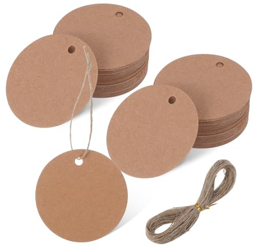 Larrel Lot de 100 étiquettes cadeaux rondes marron de 5 cm avec corde de chanvre de 20 m de corde de chanvre, étiquettes cadeaux, étiquettes pour étiquetage pour fête, artisanat, mariage, Noël