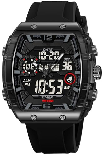 findtime Mens Watch Sport Unique Digital Analogue Waterproof Watches for Men Women Stopwatch Alarm Cool Chronograph Watch Silicone Strap Wristwatch Transparent Big Rectangle Dial Heavy Duty