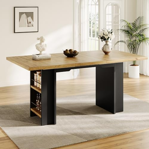 Yihomfy Table à Manger Extensible 120-160cm Bois, Table Rectangle Extensible avec Étagères, Table Rectangle Salle Manger pour Cuisine et Salon, Meuble Rangement Intégré