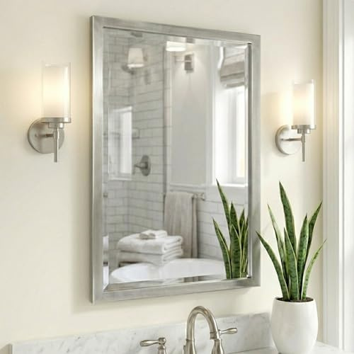 Head West Brushed Nickel Bathroom Vanity Mirror, Beveled Stainless Steel Decorative Mirror for Wall Decor, Metal Rectangle Bathroom Mirrors for Over Sink, Bedroom, Living Room Entryway Hallway 24x30
