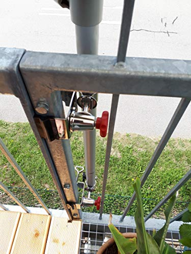 holly 2 x Edelstahl - SONNENSCHIRMHALTER - UNIVERSAL Duo-FUNKTIONSHALTER 360 ° DREHBAR - FÜR SCHIRMSTÖCKE BIS 38 mm Ø an Geländern - runden eckigen Elementen bis 65 mm Ø -