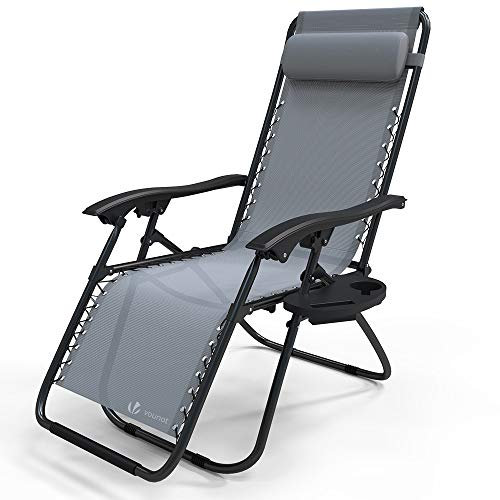 vounot Chaise Longue inclinable avec Support de Gobelet Amovible Chaise de Jardin Pliable en Textilène Chaise Longue avec Rembourrage de Tête Charge Max 120KG Fauteuil Relax Gris