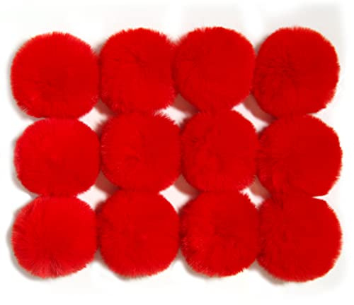 Furling Pompoms DIY Pack of 12 Faux Fur Pom Poms for Hats Soft Knitting Accessories (Red, 8cm)